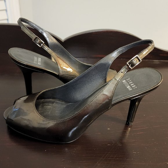 Stuart Weitzman Olive Patent Leather Peep Toe Slingback Pump Size 9M - Picture 1 of 7